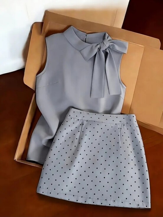 Dresses & Skirts - Sleeveless High-Neck Top And Polka Dot Mini Skirt Easy Elegant Two-Piece Set